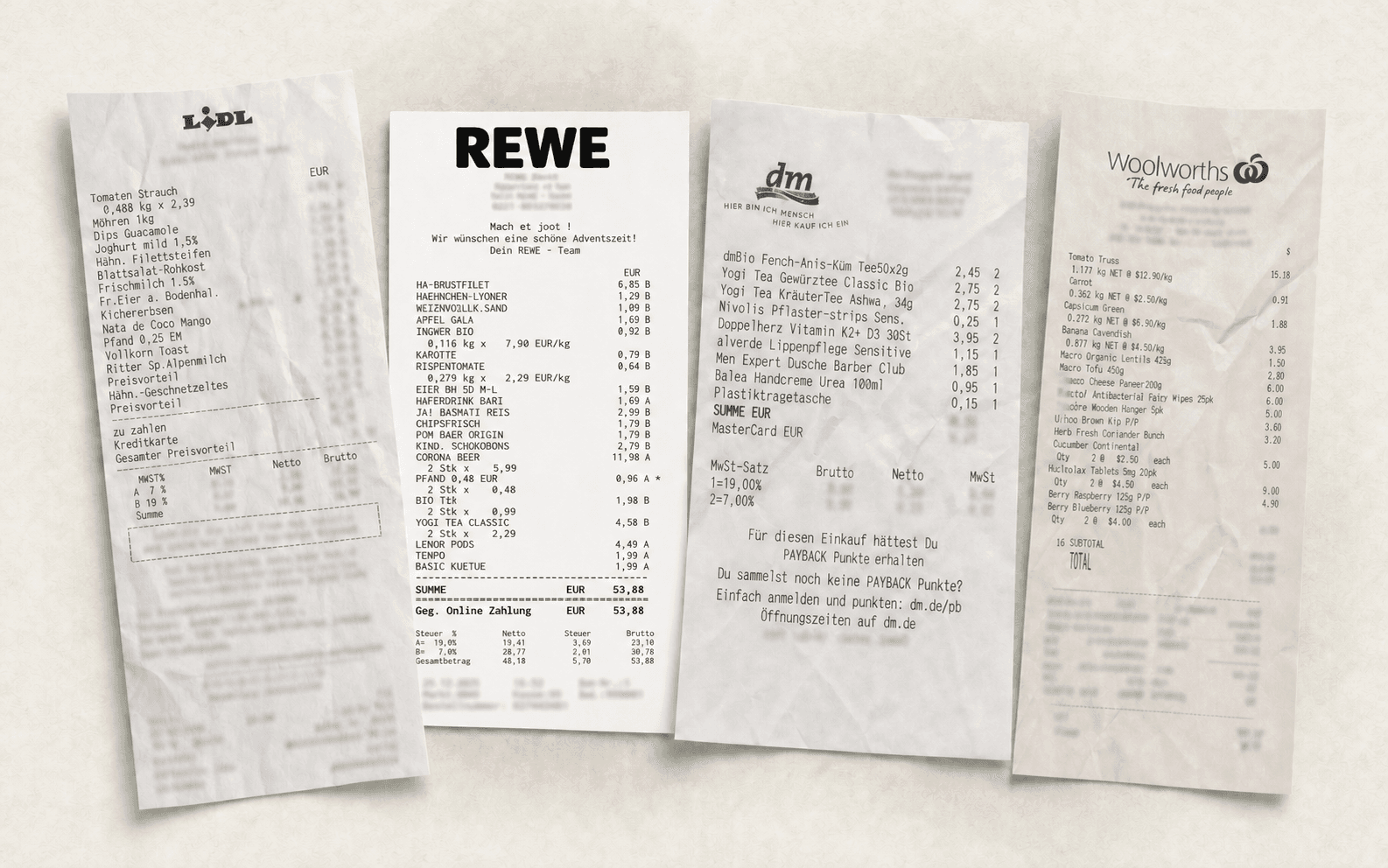 A collage of grocery and household receipts from different retailers and countries