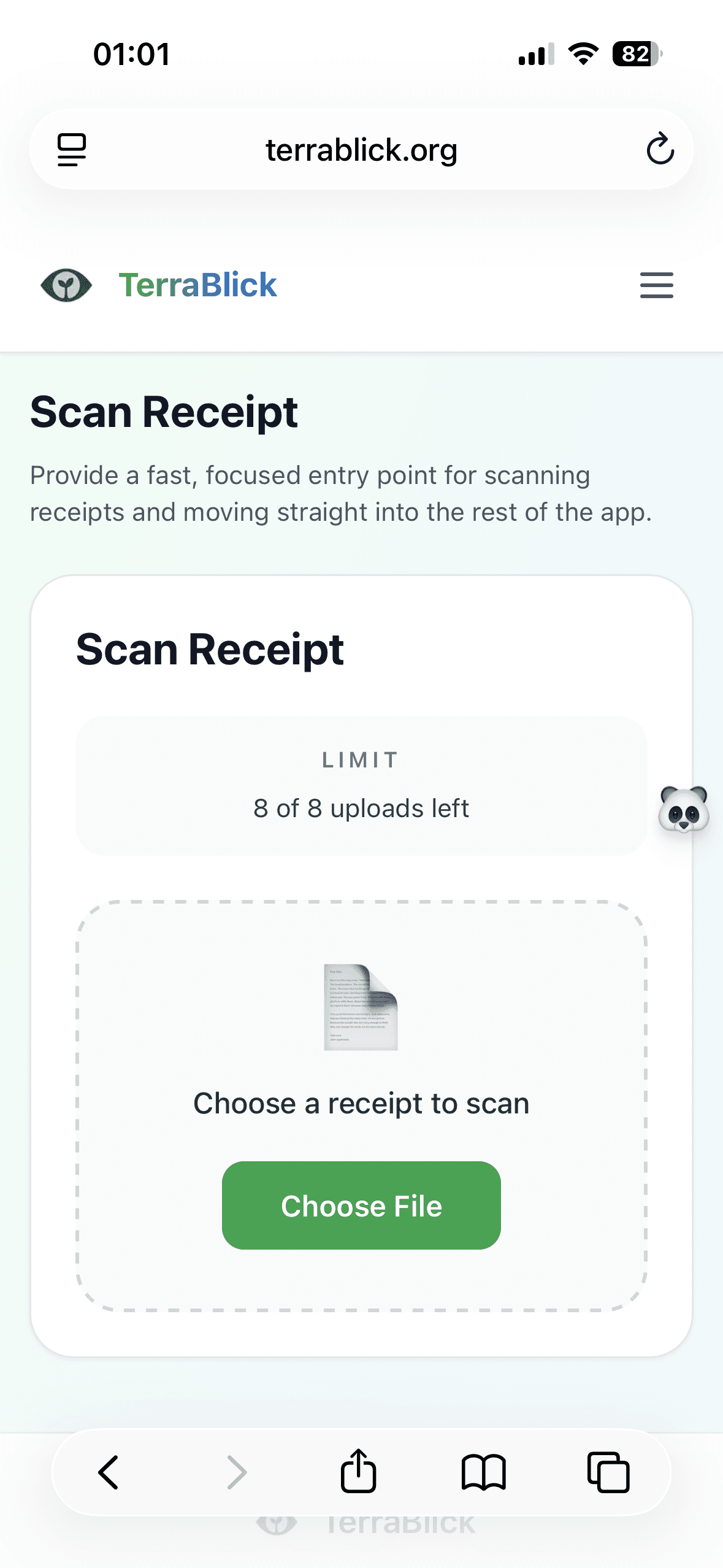 TerraBlick receipt upload interface